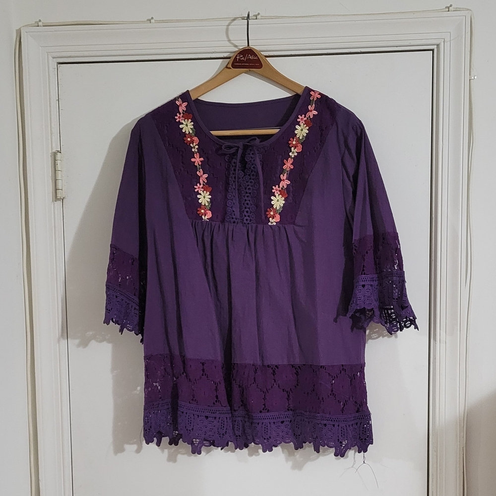 Purple Embroidered Lace-Trim Women's Top